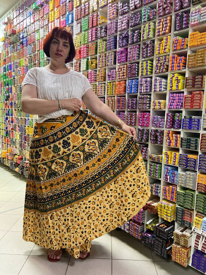 Юбка на запах хлопок Цветы деревья цвет бежевый зеленый желтый черный free size (40-52)