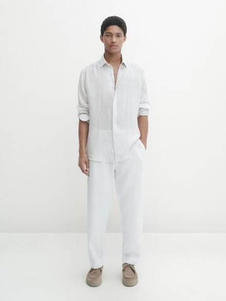 Massimo Dutti Рубашка классического кроя из 100% льна в полоску, небесно-голубой