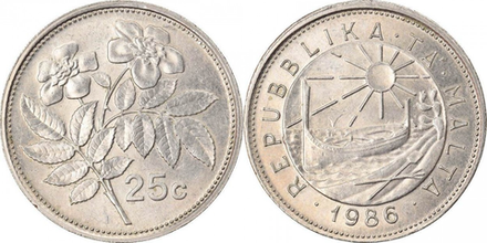 Мальта 25 центов, 1986 Роза XF