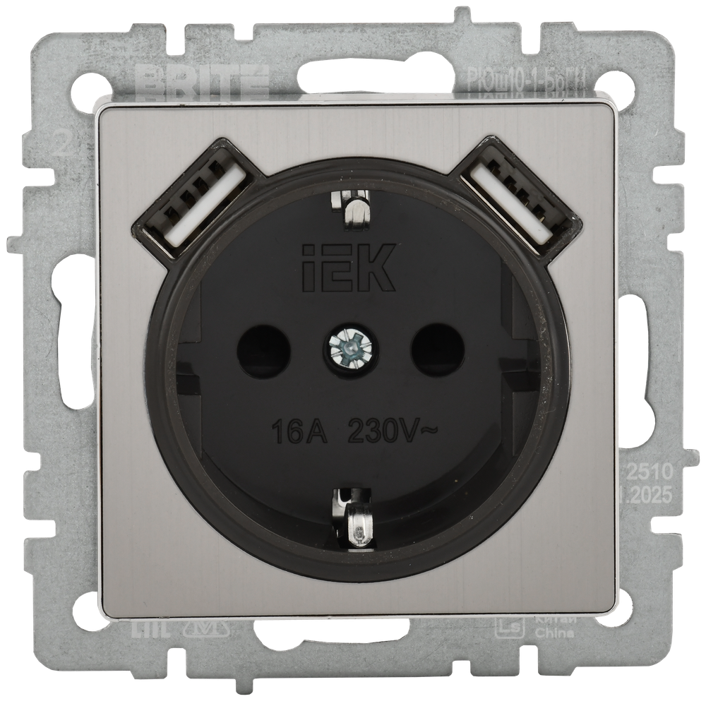 BRITE Розетка 1-местная с заземлением с защитными шторками 16А с USB A+A 5В 2,1А РЮш10-1-БрГН металл хром/никель IEK