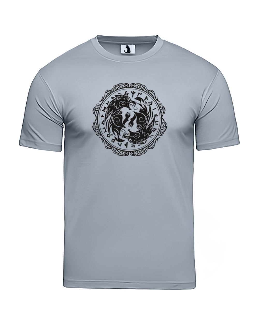 Скандинавская футболка с волком и рунами unisex серая с черным рисунком