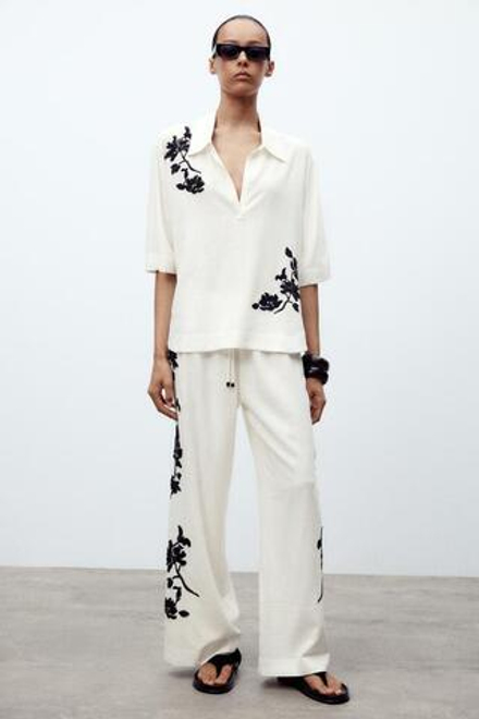 ZARA БРЮКИ С ВЫШИВКОЙ – ZW COLLECTION, БЕЛЫЙ / ЧЕРНЫЙ