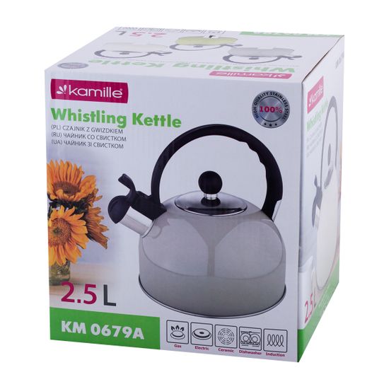 Чайник 2,5 л из нержавеющей стали со свистком Kamille KM-0679 и черной бакелитовой ручкой
