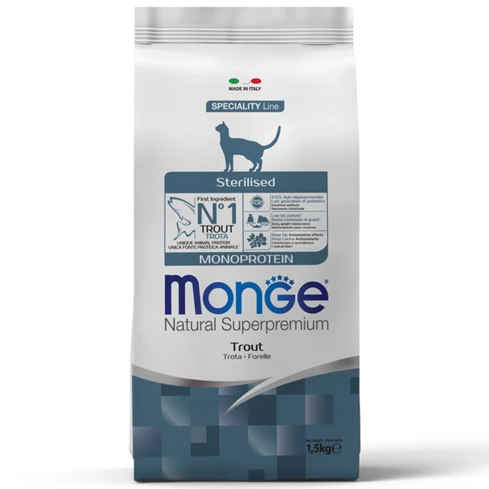 Сухой корм Monge Cat Speciality Line Monoprotein Sterilised для стерилизованных кошек/кастрированных котов, из форели 1,5 кг