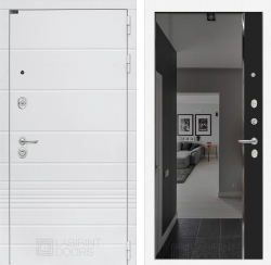 Входная дверь в квартиру белая с зеркалом Лабиринт Trendo (Трендо) зеркало тонированное Панорама кварц черный / Белый камень