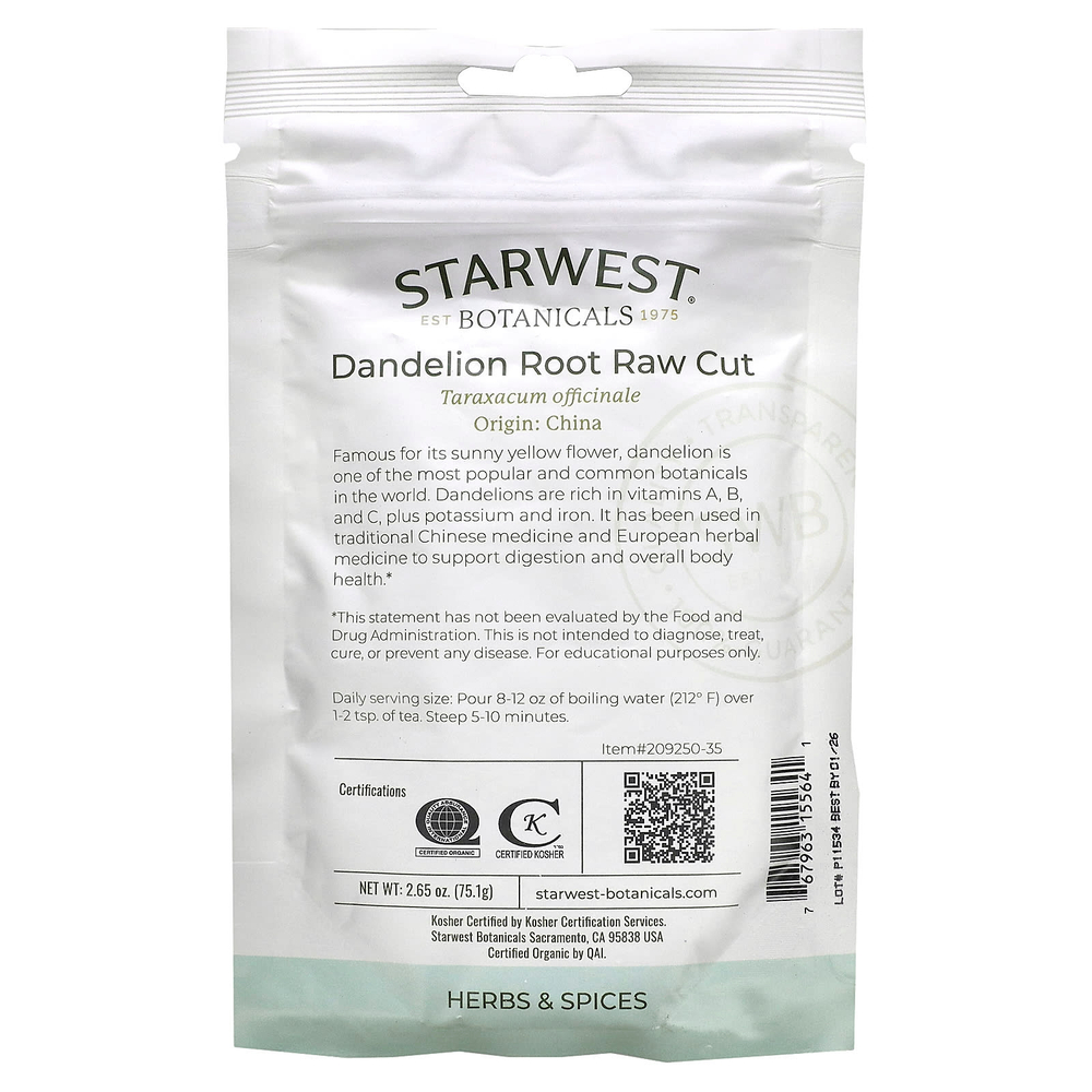 Starwest Botanicals, Органический корень одуванчика, необработанные, 75,1 г (2,65 унции)
