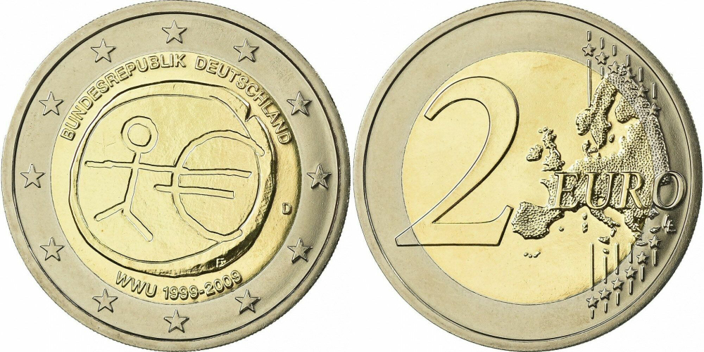 Германия 2 евро, 2009 10 лет монетарной политики ЕС (EMU) и введения евро XF