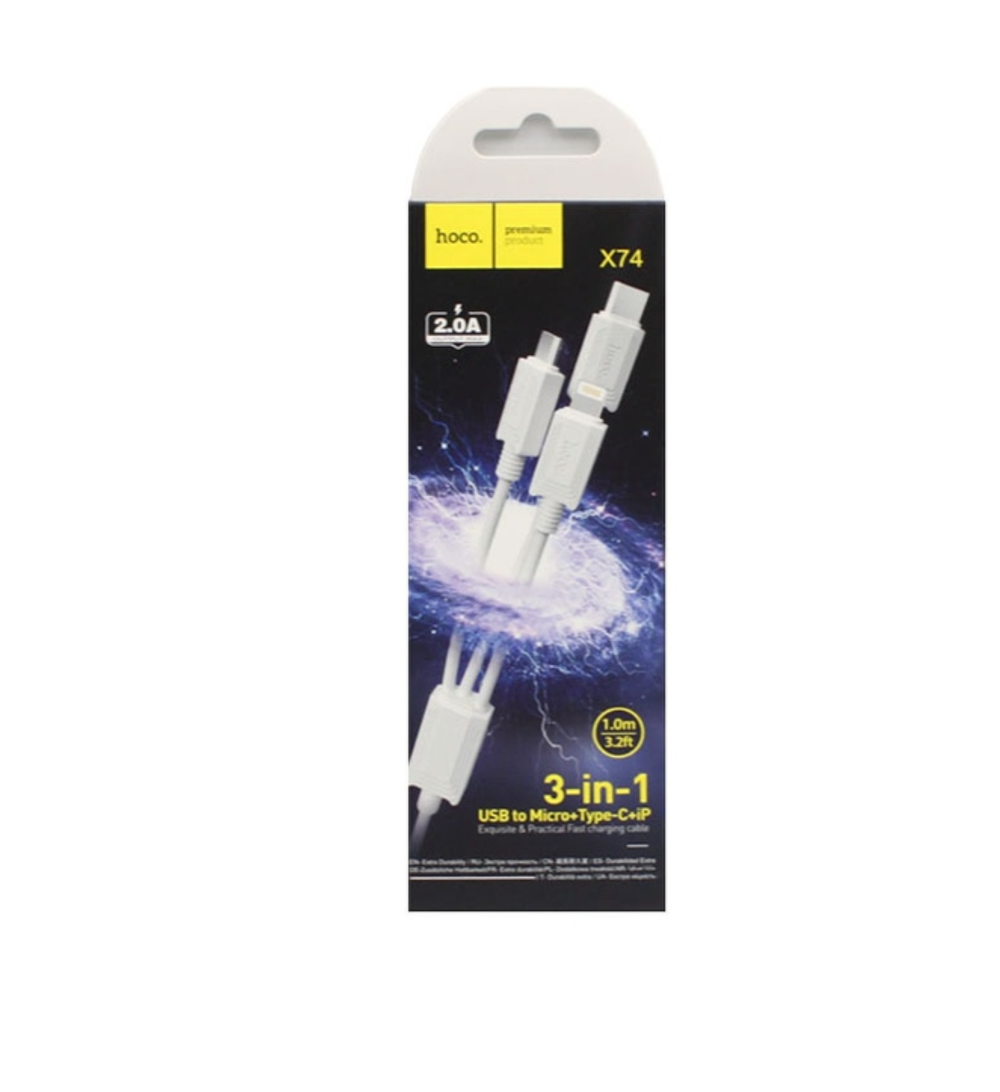 Кабель USB HOCO X74 3 в 1 для iPhone/Micro/Type C (черный) 1m