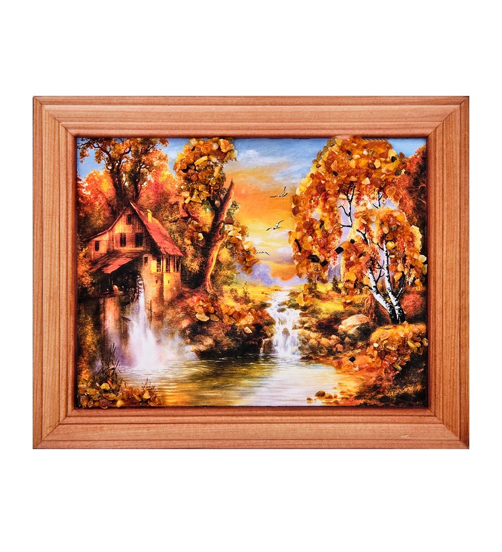 AMB-74/20 Картина «Мельница у озера» (с янтарной крошкой) дер.краш.рамка 12х15