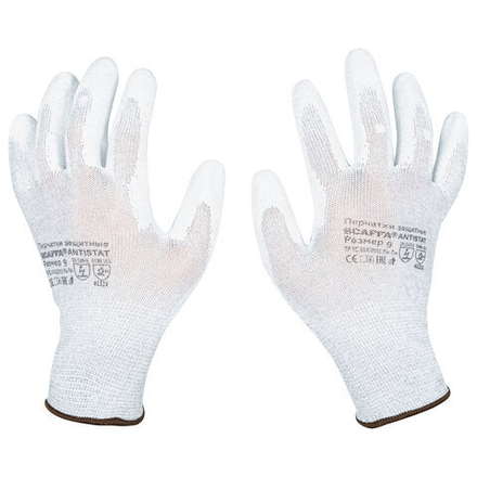 Перчатки антистатические SCAFFA "Antistat", карбоновая нить, полиуретановое покрытие, размер 9, L (большой), 00-00015299