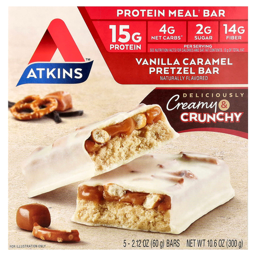 Atkins, протеиновый батончик, крендель с ванилью и карамелью, 5 шт. по 60 г (2,12 унции)