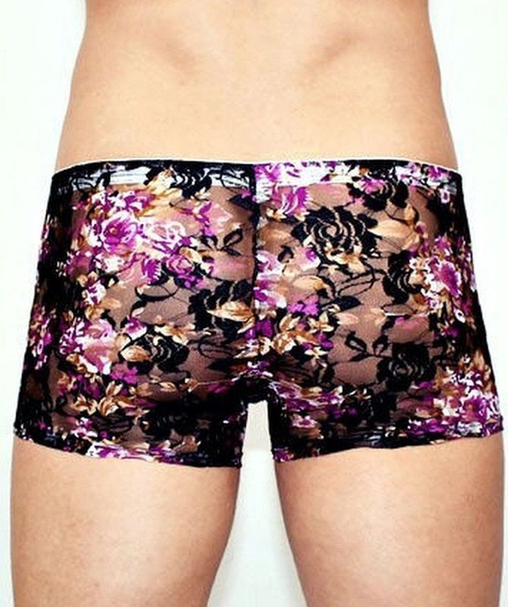 Кружевные мужские трусы-хипсы с цветочным узором (Размер: L) (Цвет: черный)