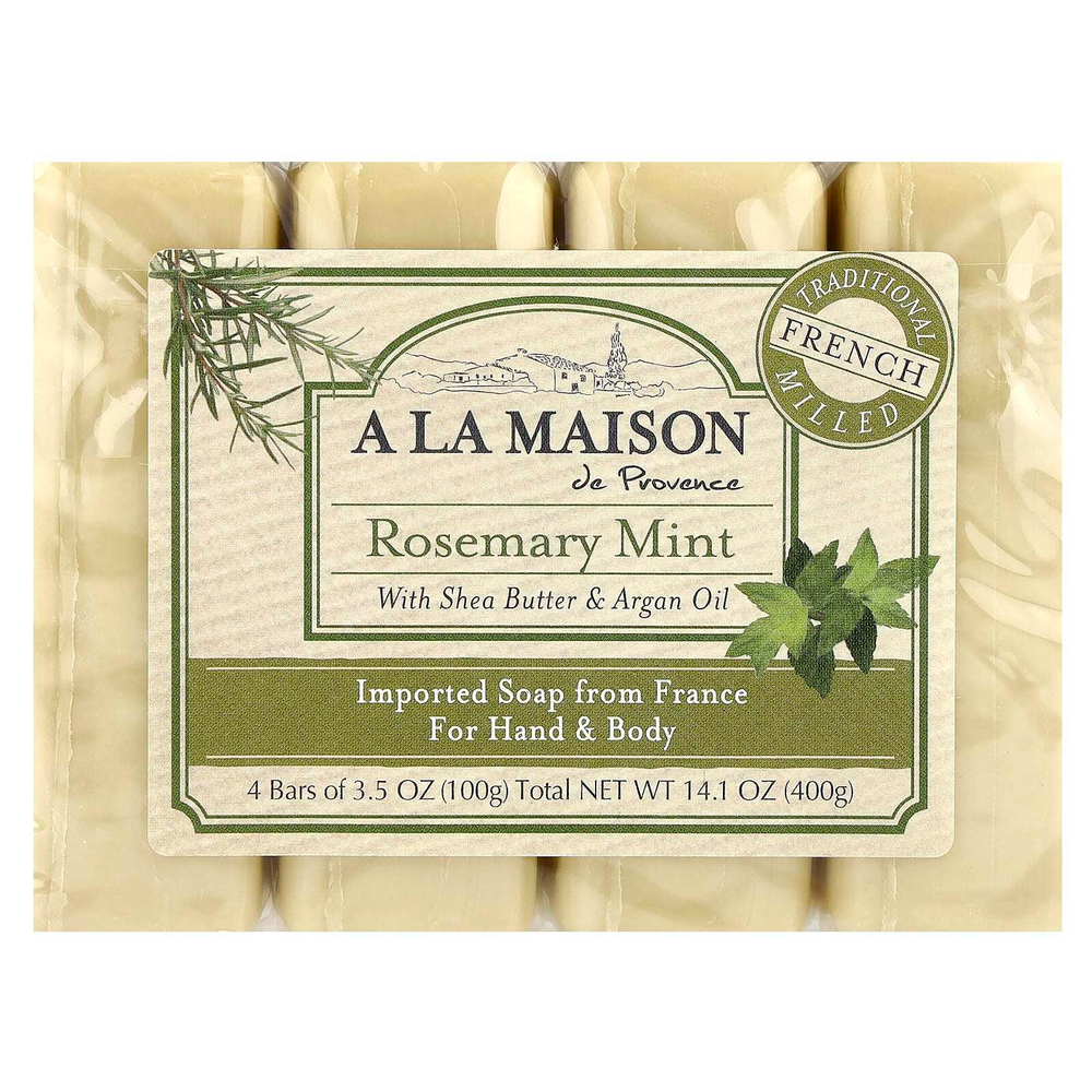 A La Maison de Provence, кусковое мыло для рук и тела, розмарин и мята, 4 шт. по 100 г (3,5 унции)