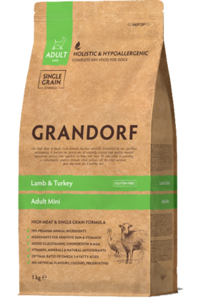 Grandorf Mini Adult Holistic для собак малых пород, ягненок с индейкой 1кг.