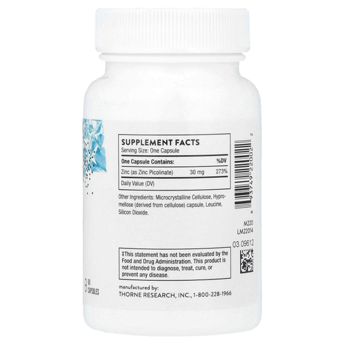 Thorne, Пиколинат Цинка с Удвоенной Эффективностью, 60 Растительных капсул