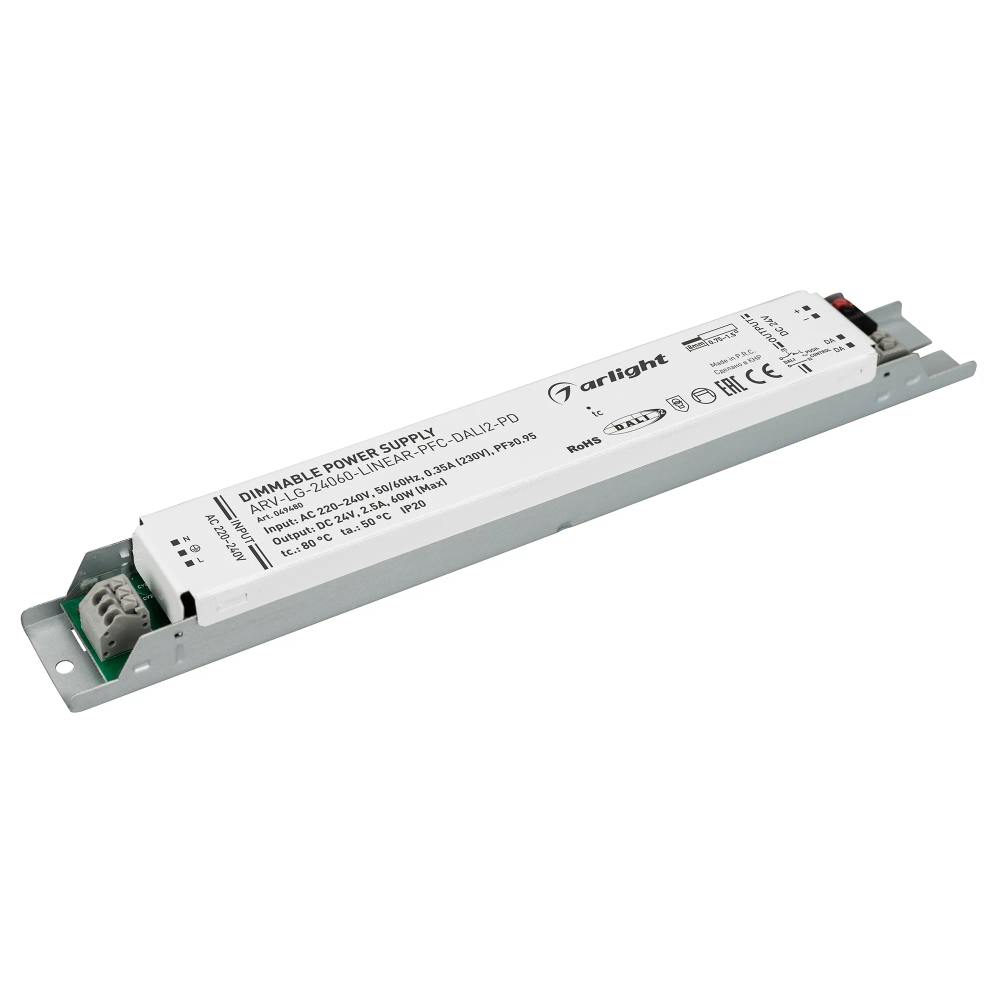 Блок питания ARV-LG-24060-LINEAR-PFC-DALI2-PD (24V, 2.5A, 60W) (Arlight, IP20 Металл, 5 лет) 049480