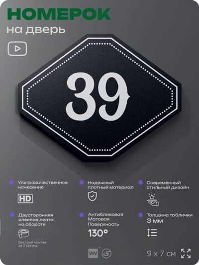 Номерок на дверь квартиры 39, для кабинета, офиса, шильдик 9 х 7 см, черный, Айдентика Технолоджи
