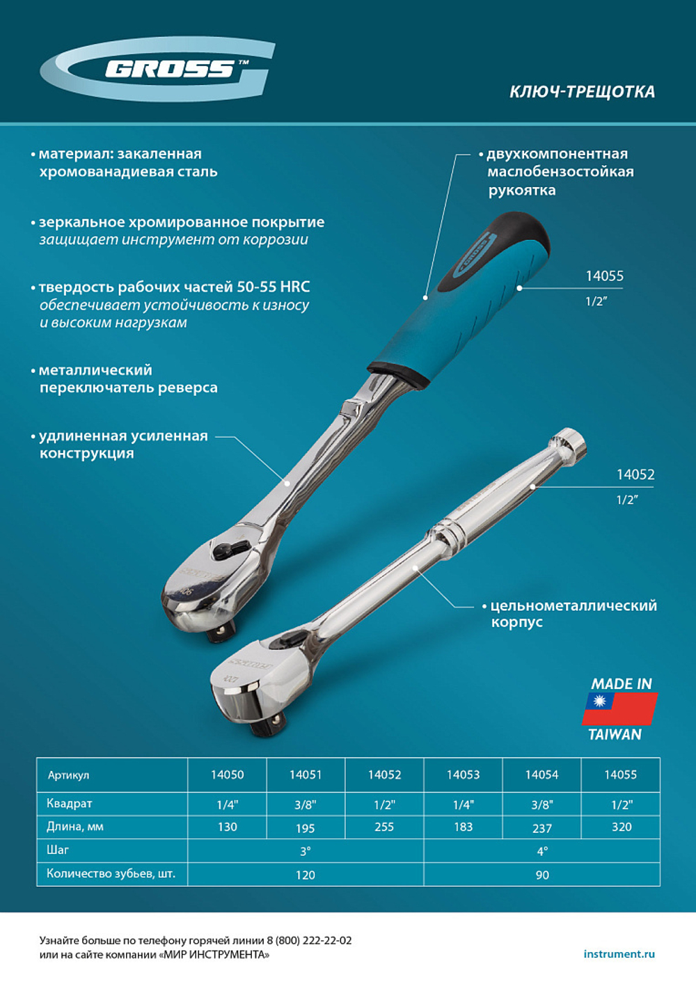 Ключ-трещотка 1/4", CrV, 90 зубьев, усиленный, хром Gross