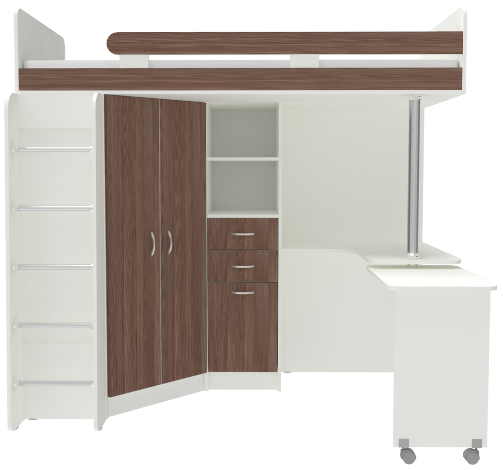 Кровать-чердак КарИВи Юниор 3 с металлической лестницей Белый  Бодего Темный