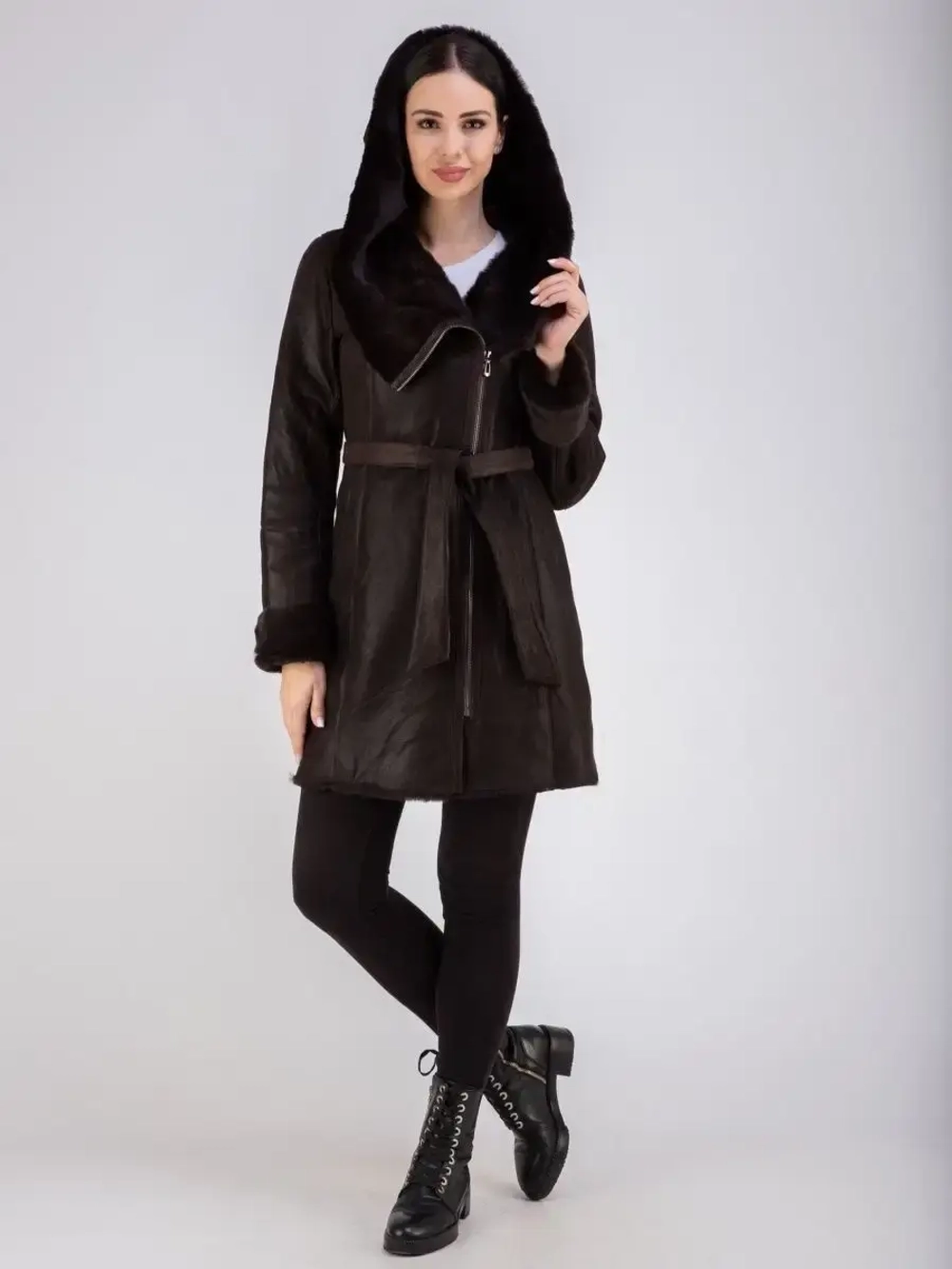 Дубленка женская натуральная длинная с капюшоном Турция