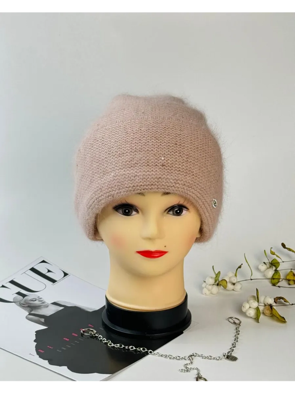 шапка зимняя вязаная ангора с пайетками