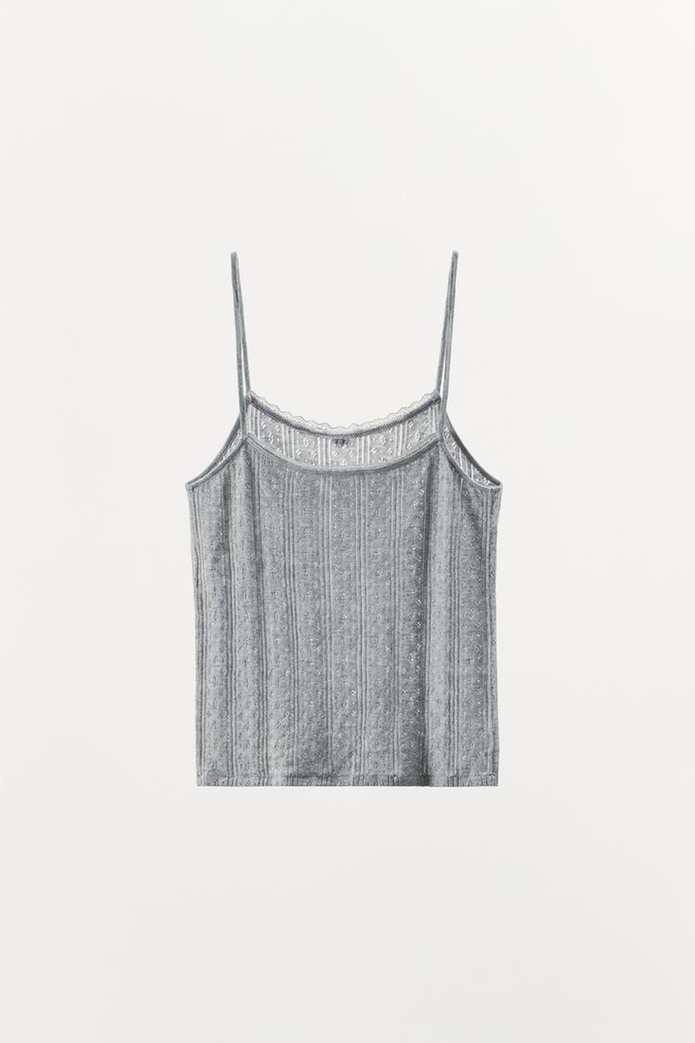 ZARA ТОП НА БРЕТЕЛЯХ С ПЕРФОРАЦИЕЙ И ЦВЕТКОМ, СЕРЫЙ