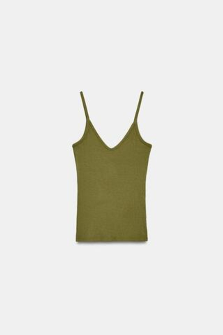 ZARA ТОП НА БРЕТЕЛЯХ В РУБЧИК, ТЕМНО-ОЛИВКОВЫЙ