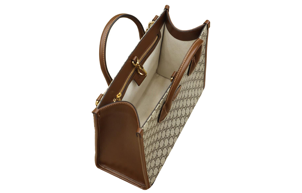 GUCCI Canvas With Leather Tote Shopping Bag, Shoulder Bag, Crossbody Bag, Handbag Small Unisex Ebony/Brown