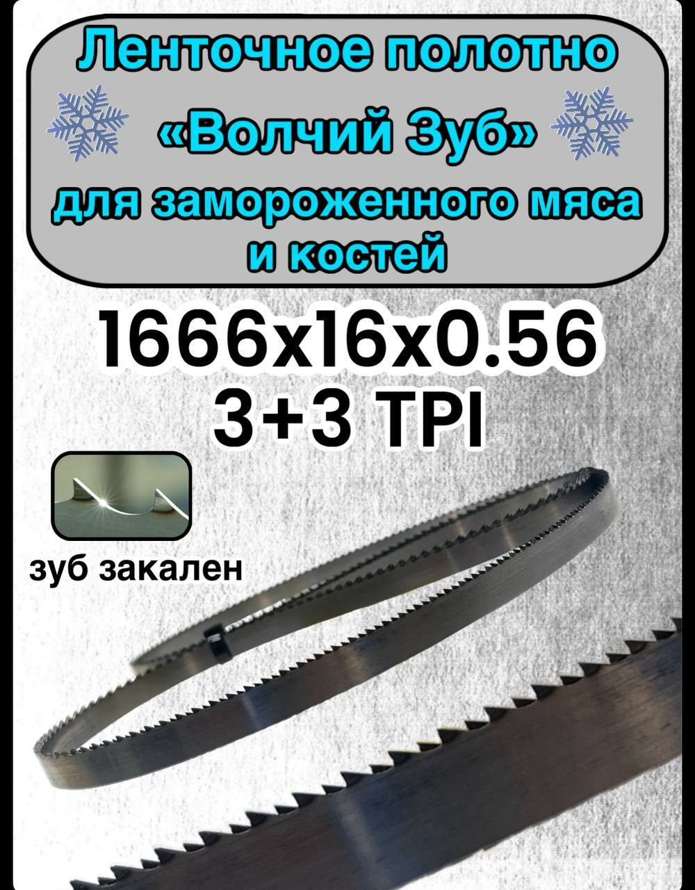 Полотно для ленточной пилы для резки мяса, рыбы и костей. Лента пильная, 1666х16х0,56 мм шаг зуба 3+3 TPI Волчий зуб