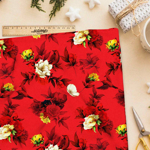 Ткань габардин цветы на красном фоне