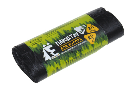 Мешки для мусора ТМ Ёромашка 30л 20 шт/уп 5.6мкм 50смх60см черные вес рулона 58г ПНД дно плоское со швом без боковых фальцев Ромашка ЕЛР30-20/50