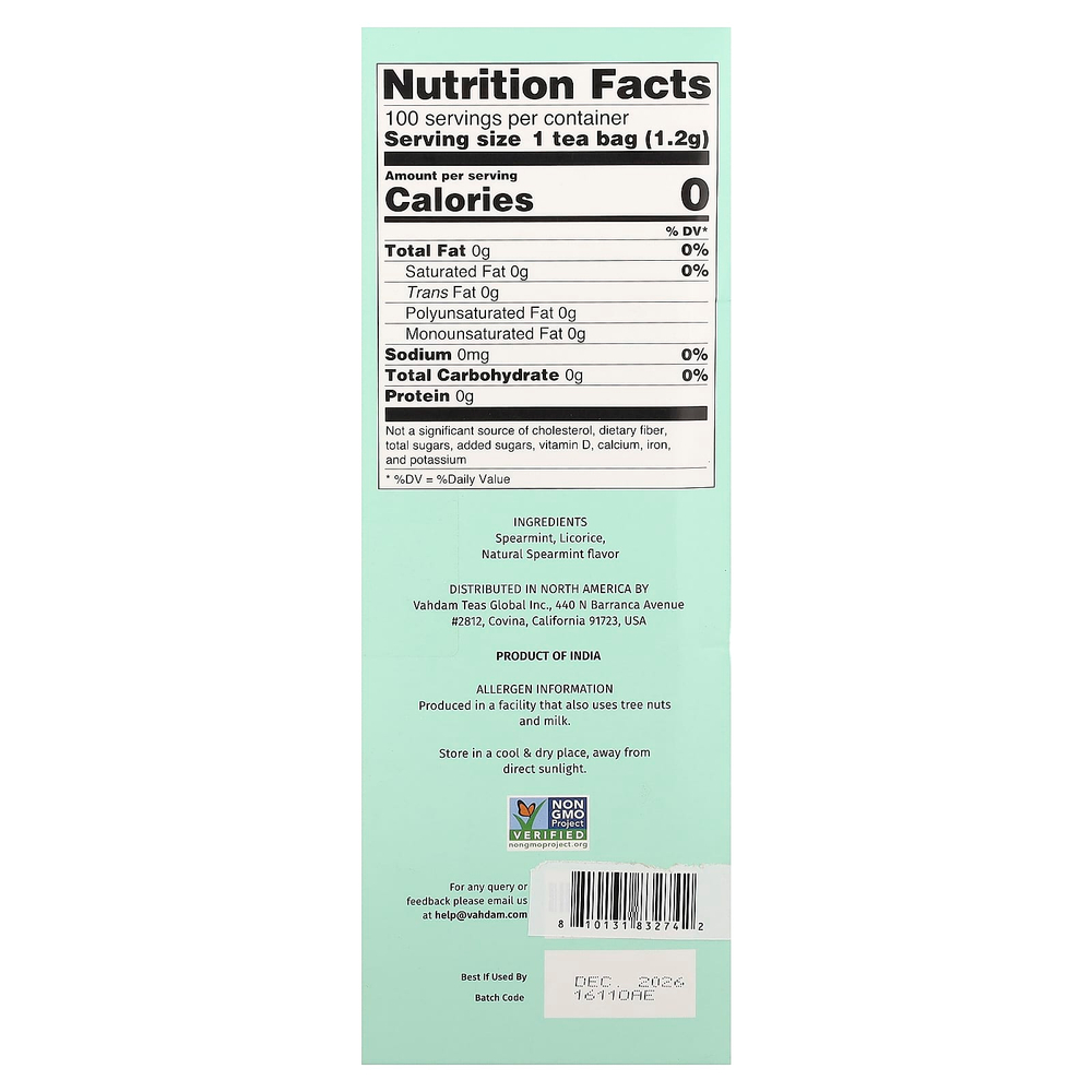 VAHDAM India, Infusions, травяной чай, мята колосистая, без кофеина, 100 пакетиков для заваривания, 120 г (4,23 унции)
