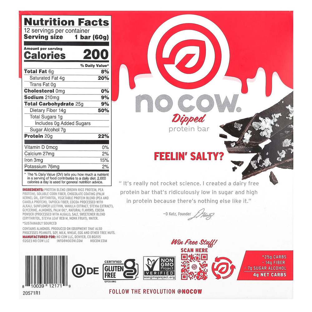 No Cow, Протеиновый батончик, шоколадная морская соль, 12 батончиков, 60 г (2,12 унции)