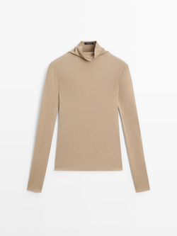 Massimo Dutti Футболка из смеси лиоцелла и шерсти с длинными рукавами, бежевый