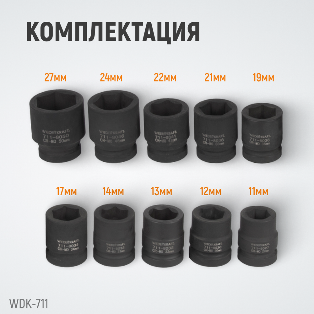 WDK-711 Набор ударных головок 1", 27-50 мм, 10 предметов