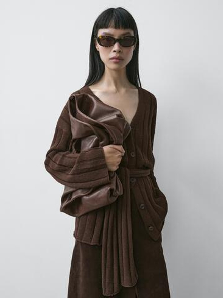 Massimo Dutti Кардиган с деталью на поясе, шоколадный