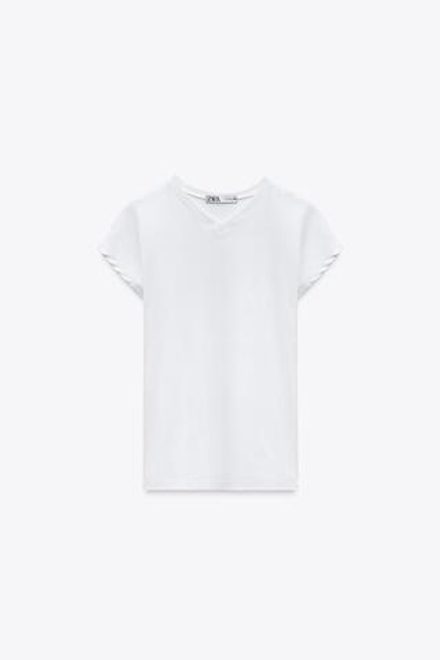 ZARA ФУТБОЛКА С V-ОБРАЗНЫМ ВЫРЕЗОМ, БЕЛЫЙ