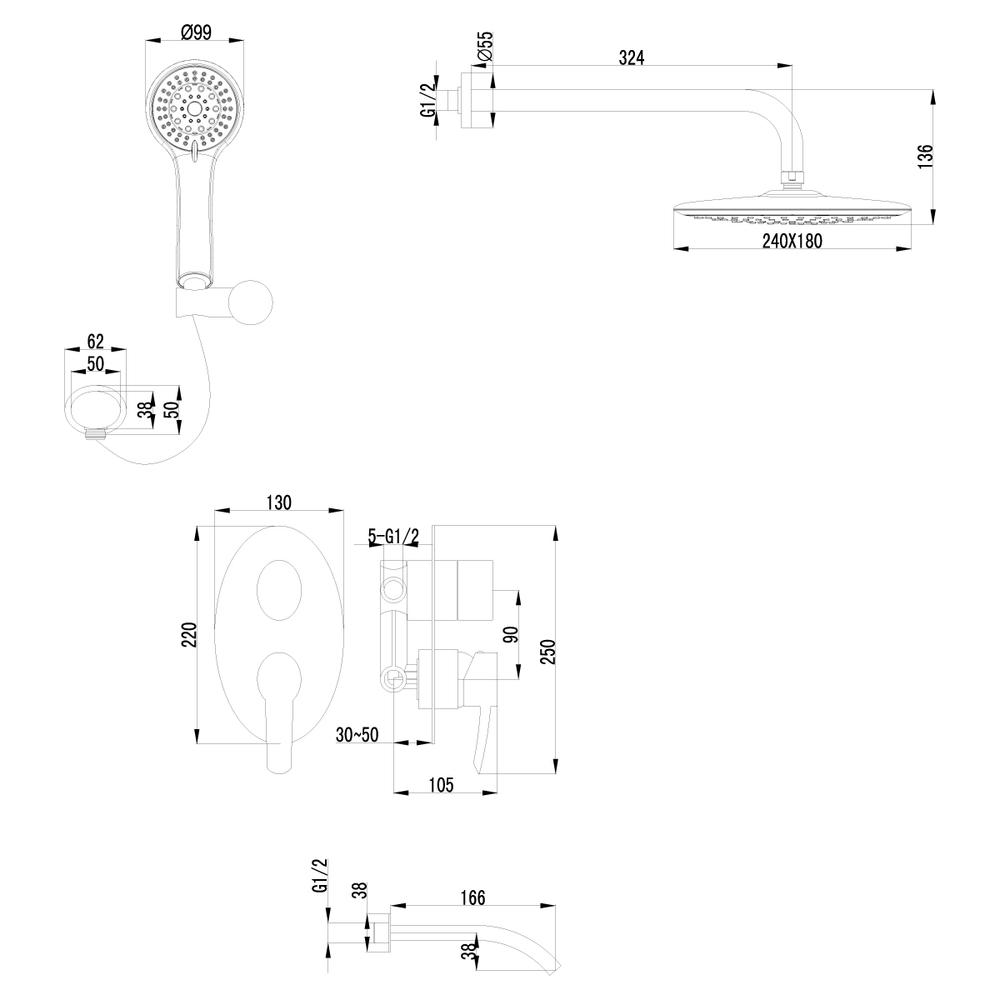 LM3222C Атлантисс Смеситель для ванны и душа встраиваемый с дополнит 5 функц лейкой,хром (к/к 4)