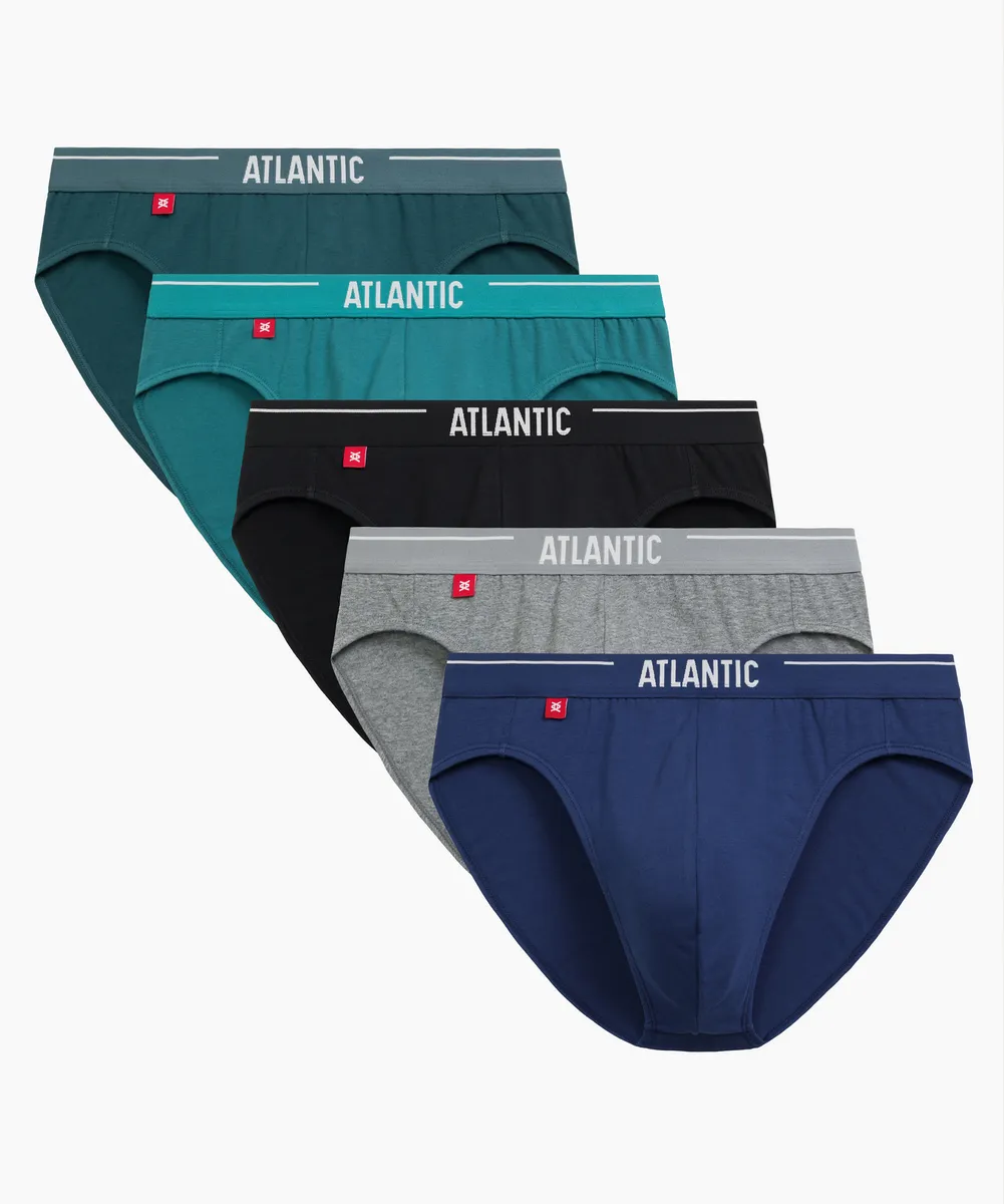 Мужские трусы слипы спорт Atlantic, набор 5 шт., хлопок, морская волна + бирюзово-зелёные + чёрные + серые меланж + тёмно-голубые, 5SMP-004