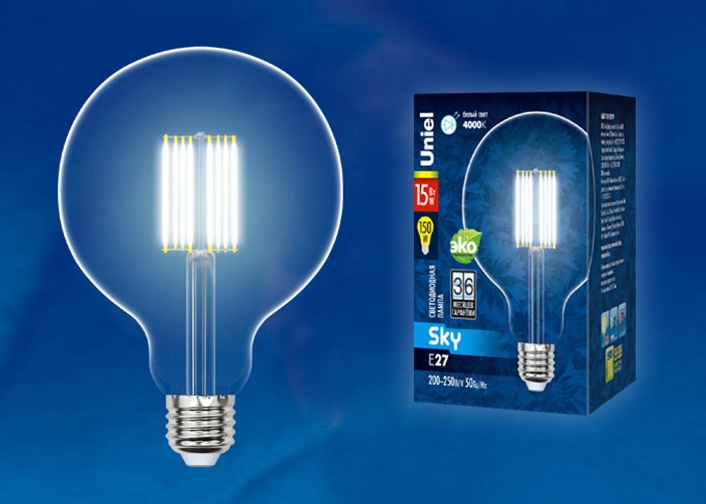 LED-G125-15W/4000K/E27/CL PLS02WH Лампа светодиодная. Форма шар, прозрачная. Серия Sky. Белый свет (4000K). Картон. ТМ Uniel.