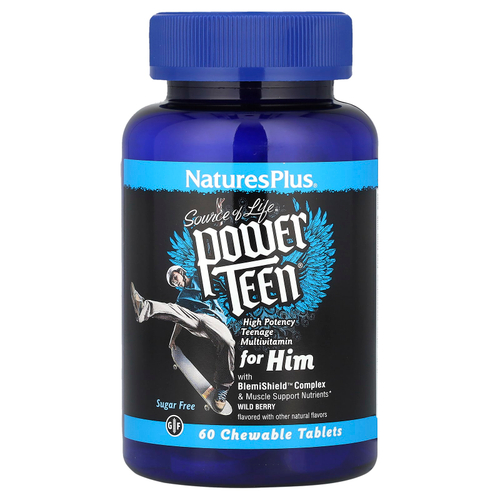 NaturesPlus, Source of Life, Power Teen® for Him, добавка для мальчиков-подростков, без сахара, со вкусом лесных ягод, 60 жевательных таблеток