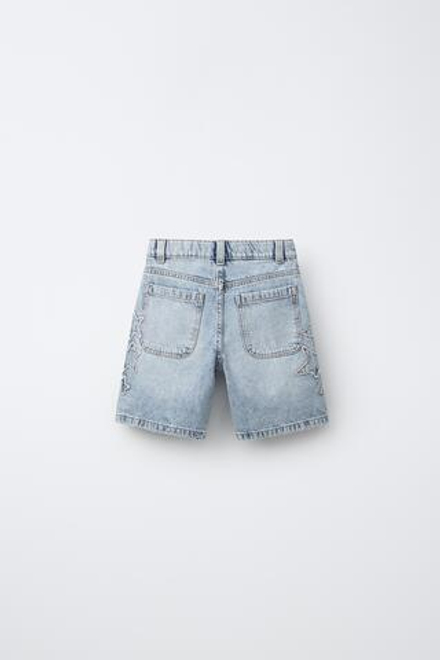 ZARA ДЖИНСОВЫЕ ШОРТЫ СО ЗВЕЗДАМИ, ВЫЦВЕТШИЙ СИНИЙ