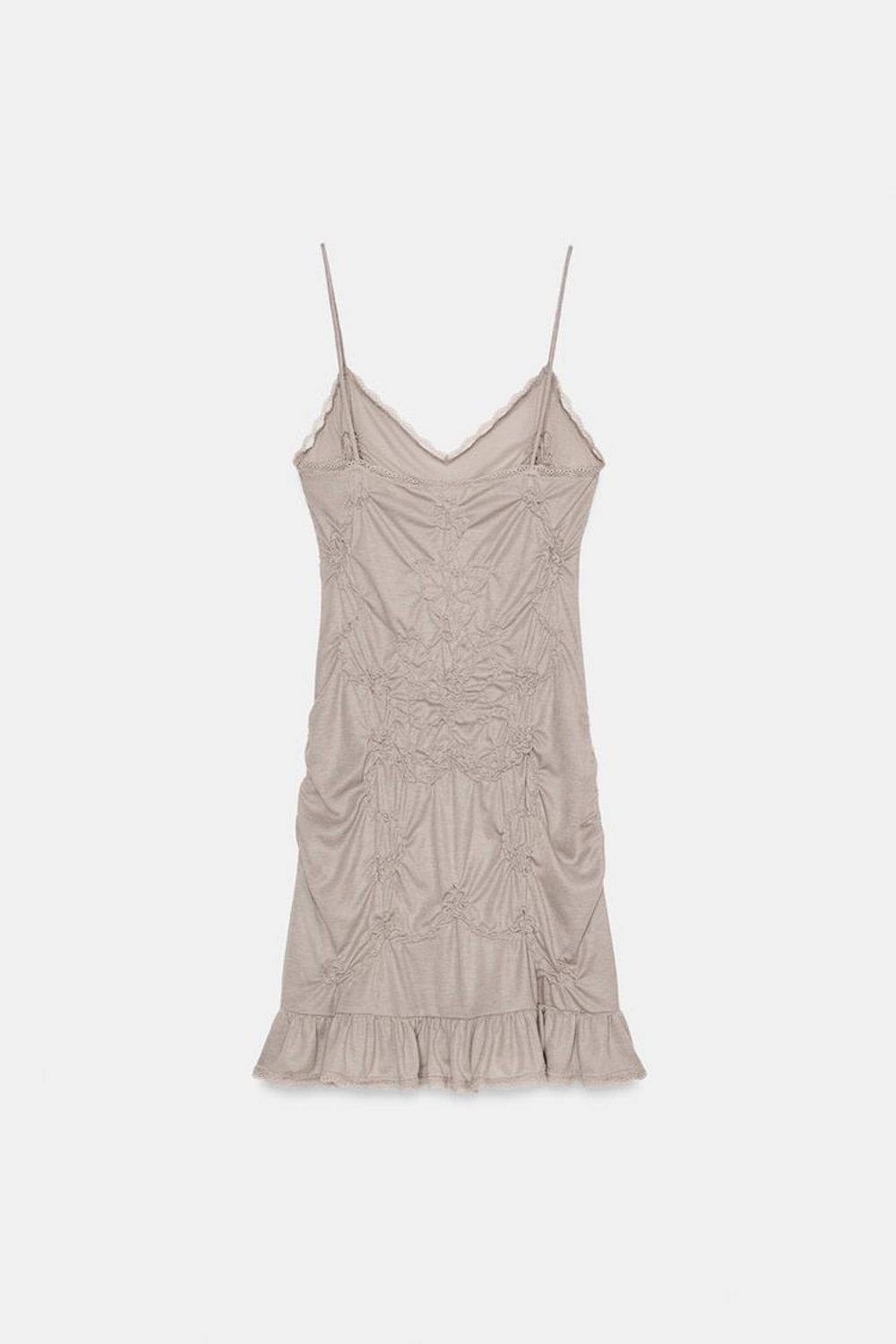 ZARA КОРОТКОЕ ПЛАТЬЕ СО СБОРКАМИ И КРУЖЕВОМ, СЕРОВАТО-КОРИЧНЕВЫЙ