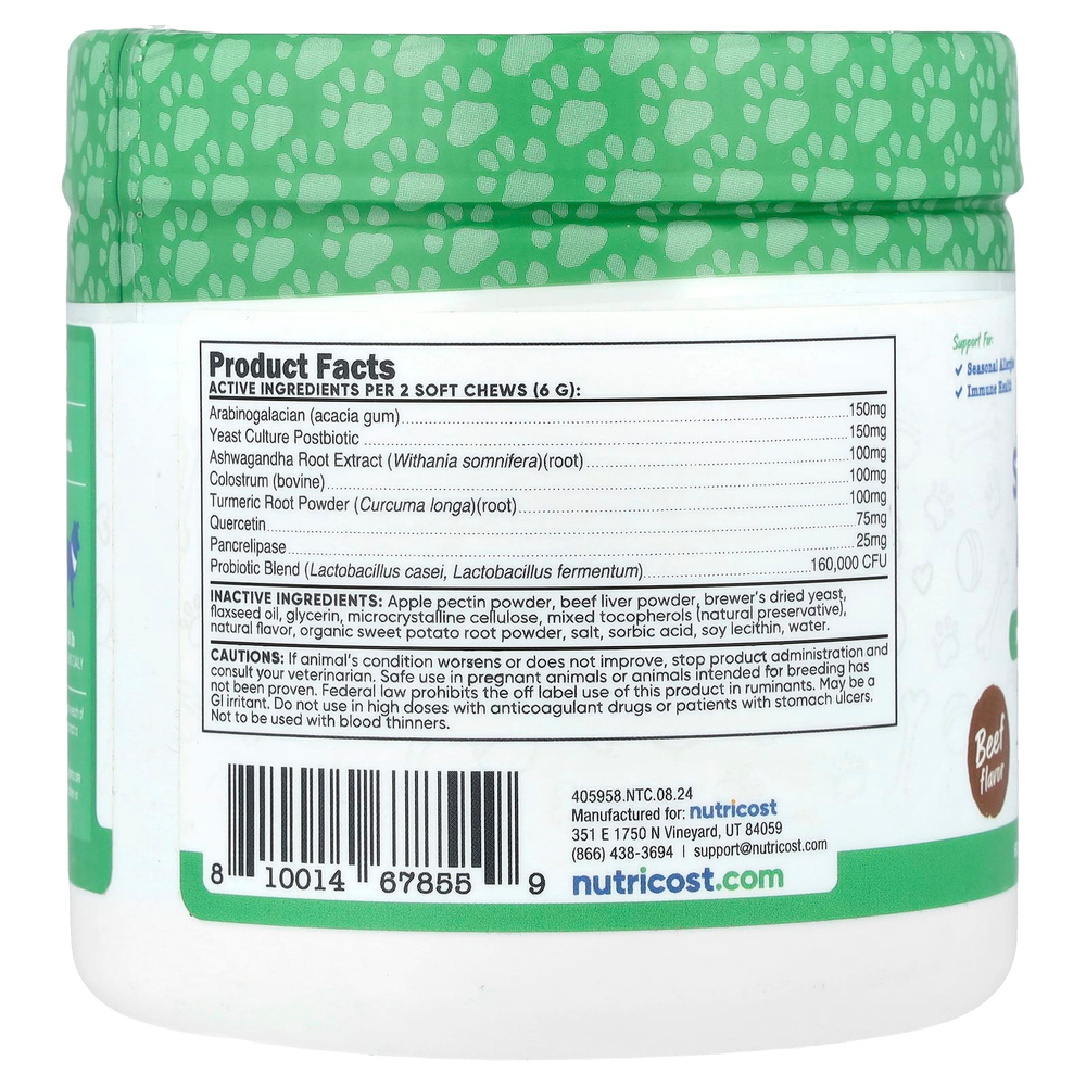 Nutricost, Pets, от сезонной аллергии, для собак, говядина, 60 жевательных таблеток, 180 г (6,4 унции)