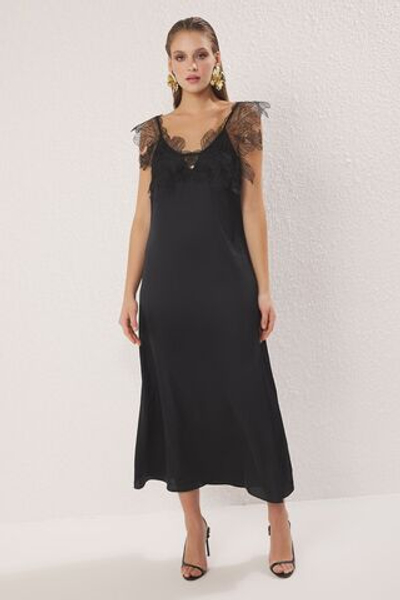 Атласное плетеное миди-шикарное вечернее платье с черной кружевной подкладкой, вечернее платье для выпускного вечера TPRSS25EL00232