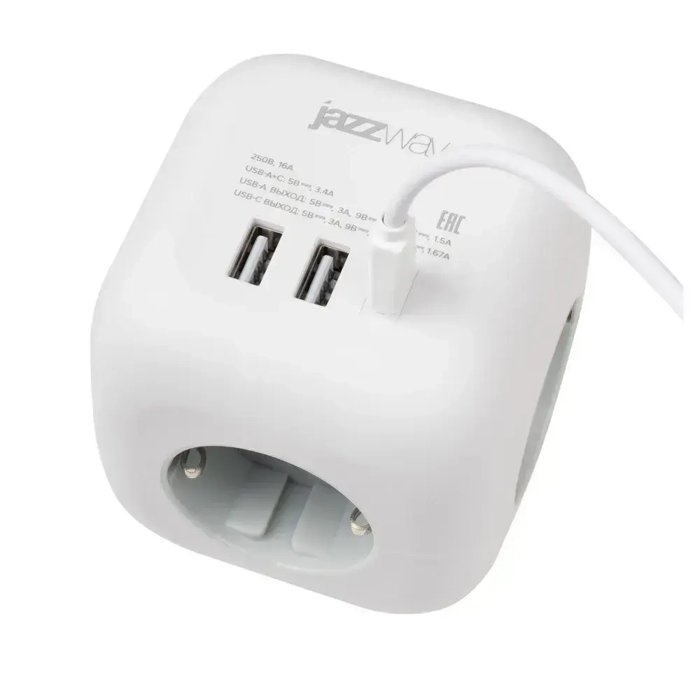 Тройник на 3 розетки / разветвитель 2 USB + 1 TYPE-c быстрая зарядка с выключателем Jazzway