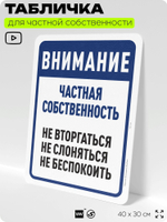 Табличка для частной территории "Внимание, частная собственность", на дом, для участка, организаций, предупреждающая, 40х30 см, Silver Plane x Айдентика Технолоджи
