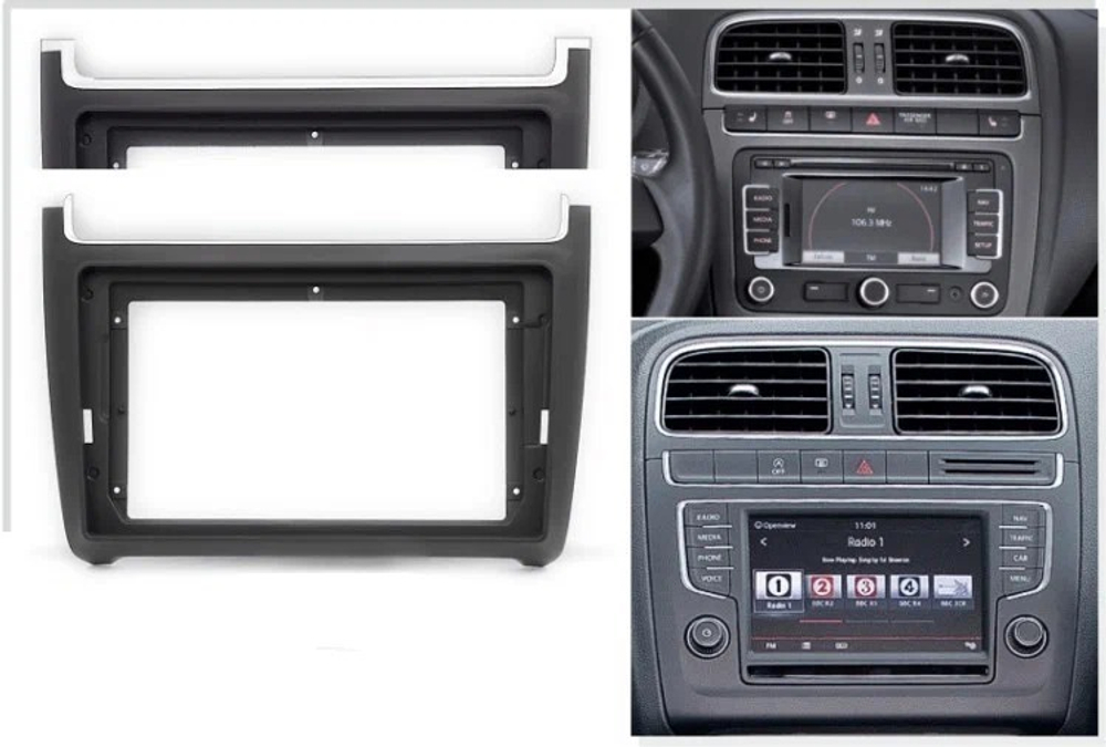 Магнитола для Volkswagen Polo 5 2009-2020 (рамка черная матовая) - FarCar GX910M монитор 9.5" 2K QLED на Android 14, TS20, 6+128Гб, CarPlay, 4G SIM-слот