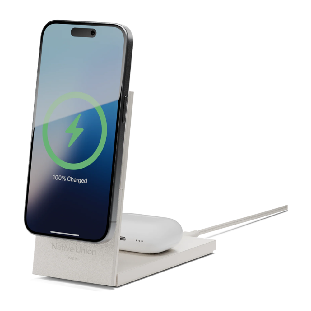 Складная зарядная станция MagSafe Native Union Rise для iPhone и AirPods (Qi2) Беспроводная зарядка: Qi 15 Вт, Qi 5 Вт. Проводная зарядка: нет. Сертификация Qi2. Есть LED-индикация