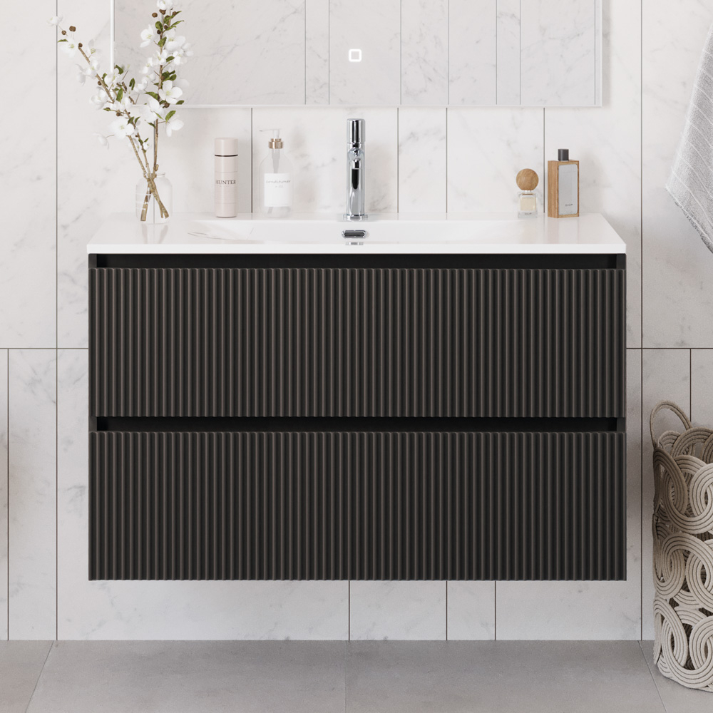 Тумба с раковиной подвесная BelBagno UNO-1000-2C-SO-GSO Темно-Серый матовый, раковина белая BB-8099-100